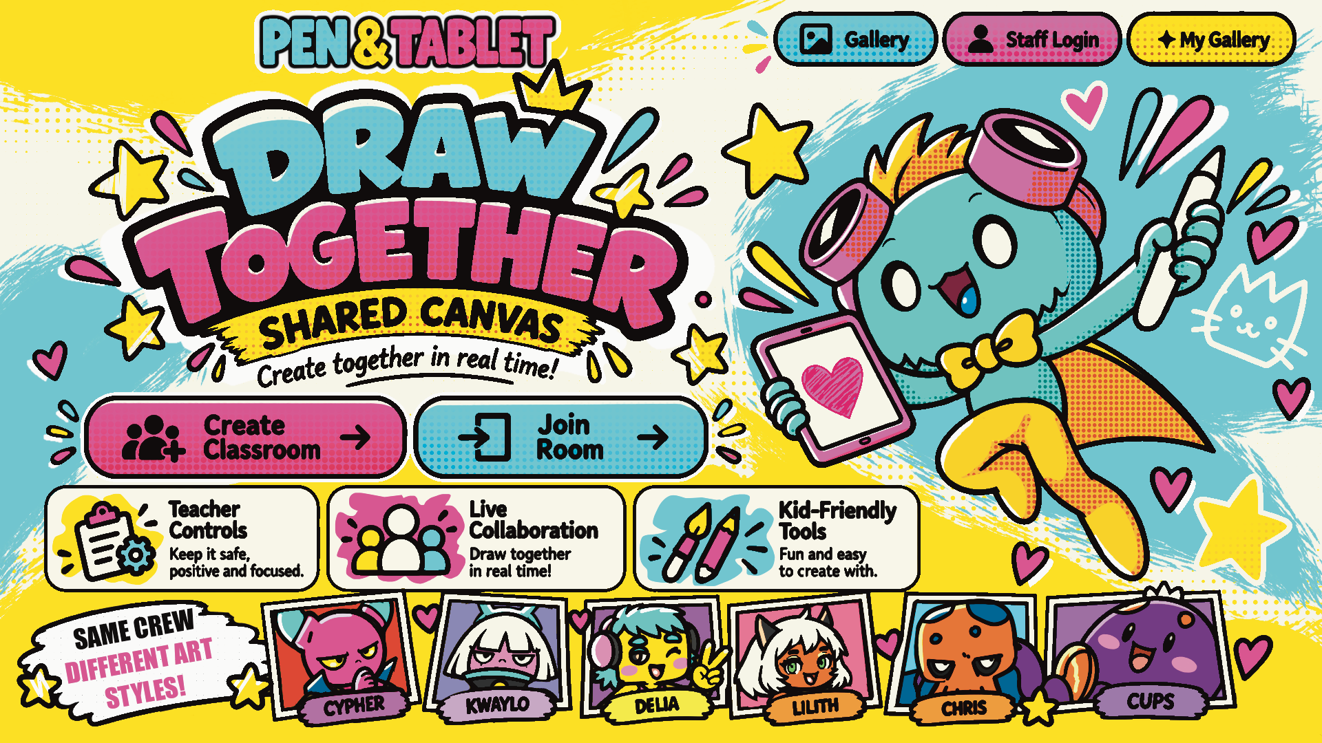 Pen & Tablet Draw Together colourful comic-style homepage
